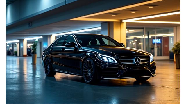 Luxury sedan parked at a business airport terminal, ready for executive car hire