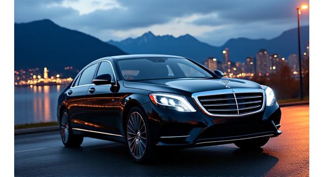 Mercedes S-Class with a dramatic backdrop of downtown Vancouver