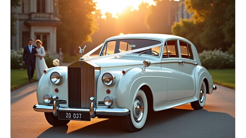 A classic white vintage luxury car, decorated with white ribbons and flowers, parked at the entrance of a grand wedding venue. A bride and groom are visible in the background.