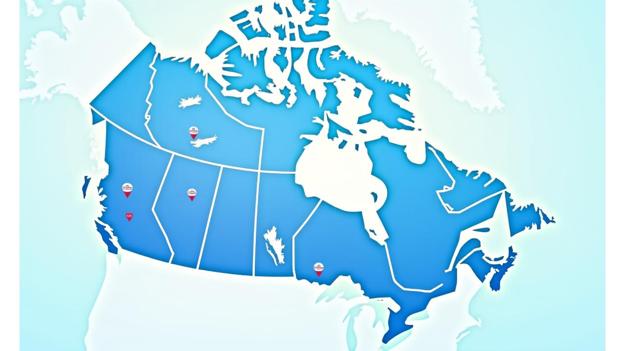 Interactive map of Canada showing over 50 car rental locations from coast to coast with markers for major cities like Vancouver, Toronto, Montreal, Calgary, and Halifax