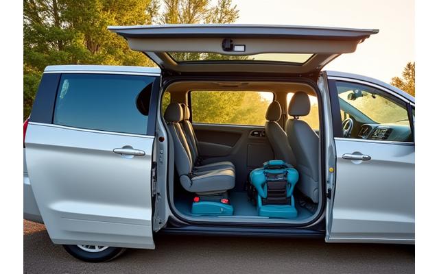 Modern minivan with sliding doors open, showing ample space for luggage and multiple child seats, ideal for large families touring Canada.